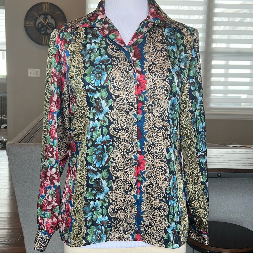 Vibrant Vintage Notations Blouse Size 8 Button Up Colorful 80’s Satin Top Shirt
